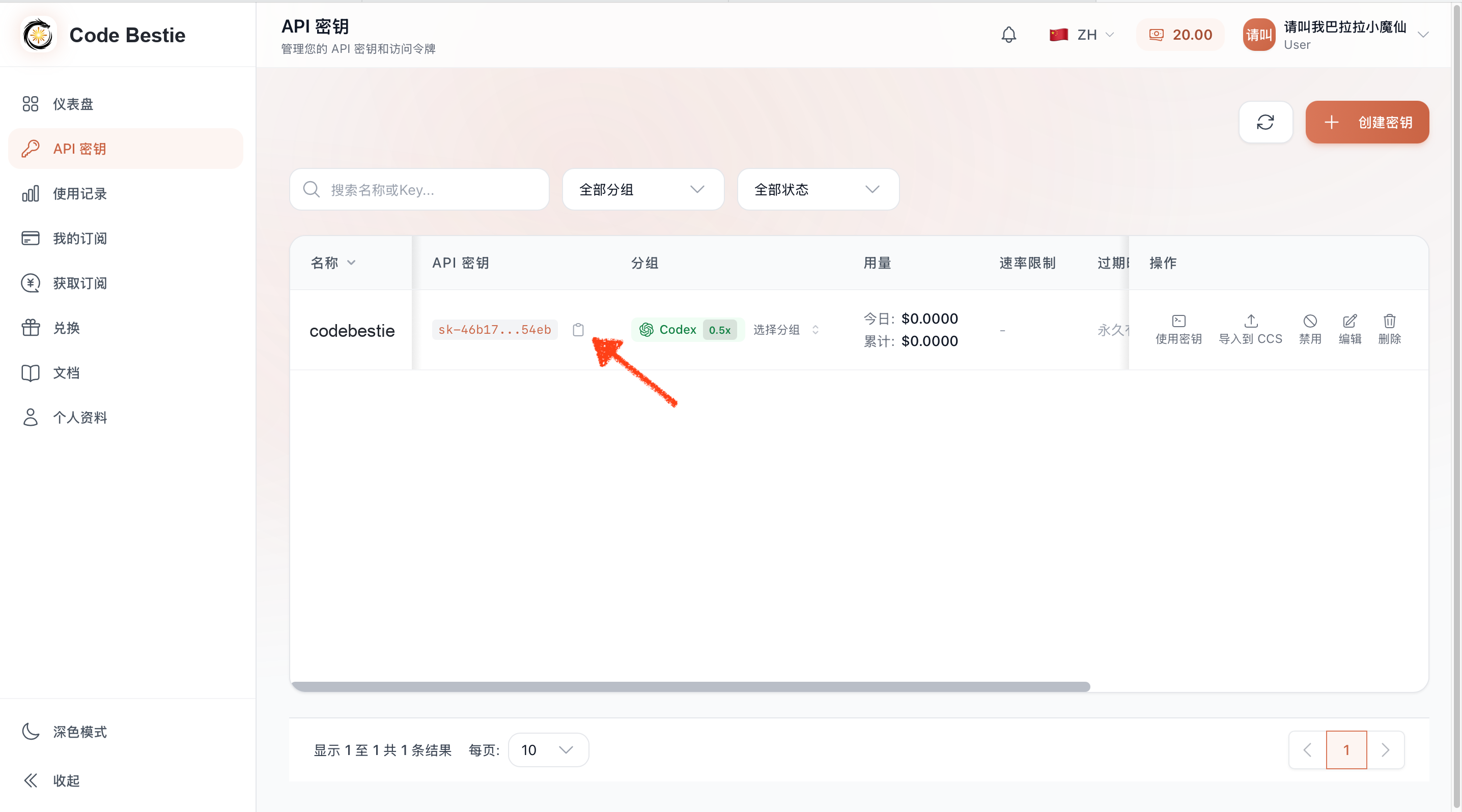 ④ 在 Code Bestie 后台复制 API 密钥